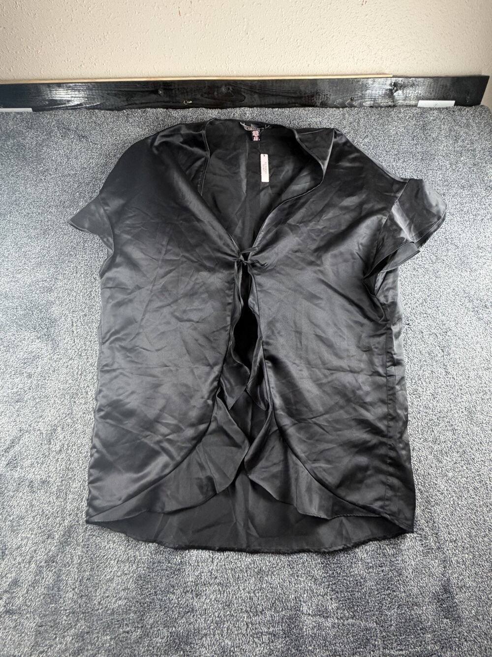 NWT Victoria Secret Womens One Size Lounge Shirt Robe Black Ruffle Tie V-Neck